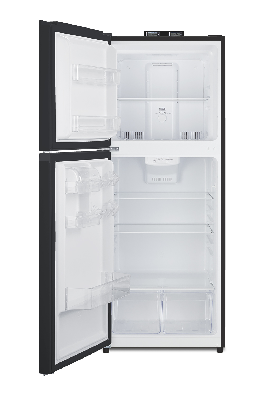 10.1 cu.ft. break room refrigerator-freezer in black with NIST calibrated alarm/thermometers, frost-free operation